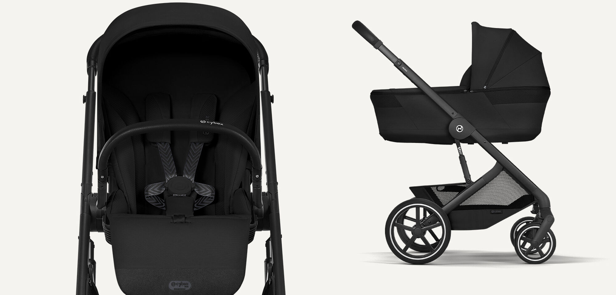 A Balios stroller with a seat pack (left) and a Cot (right) in Moon Black.