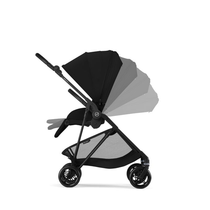 An image of the CYBEX Gold Melio Carbon Stroller, highlighting the One-hand Recline to a Full Lie-flat Position feature.