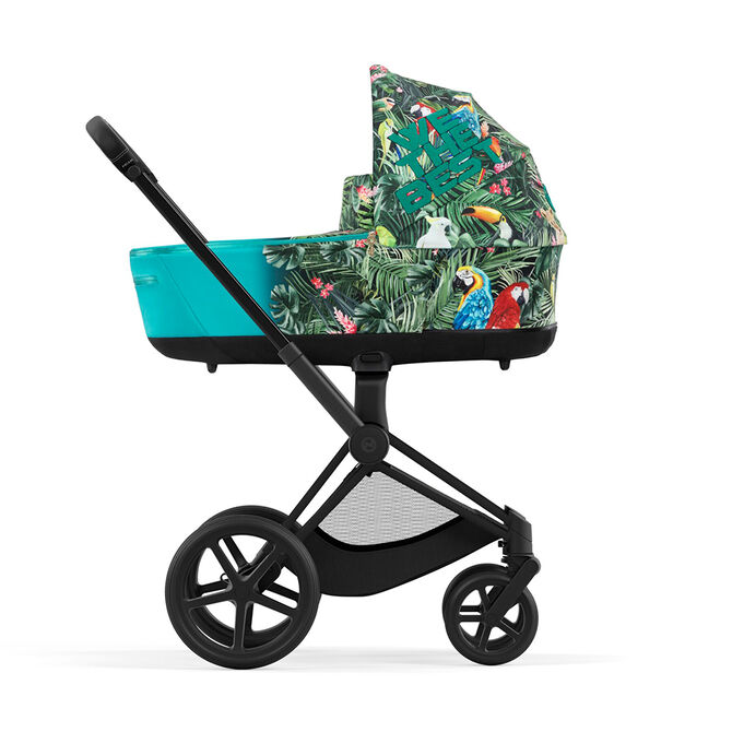 Side view of a stroller with tropical design and parrots by DJ Khaled.