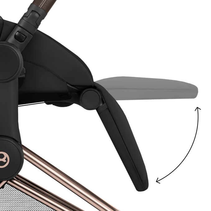 An image of the CYBEX Platinum Priam Frame - Style Collection Stroller, highlighting the Adjustable Leg Rest feature.