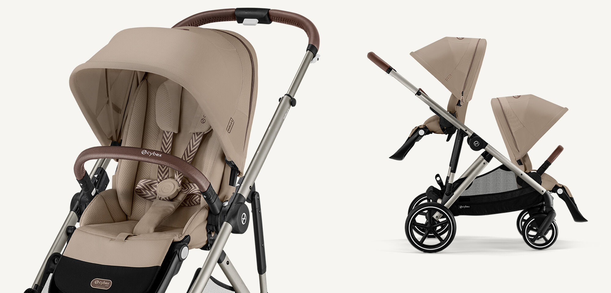 Two product shots of a Gazelle S stroller in Almond Beige, one in single, one in sibling/twin mode.