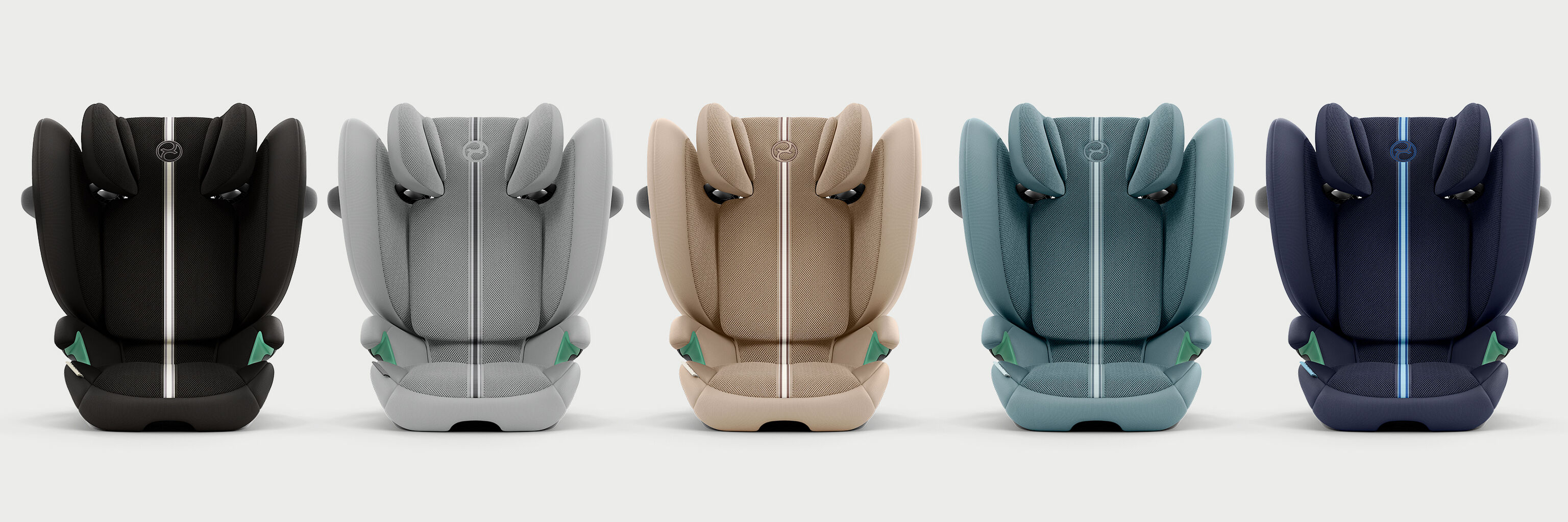 Five Solution G2 travel car seats in different colours, from left to right: black, grey, beige, teal, and dark blue.