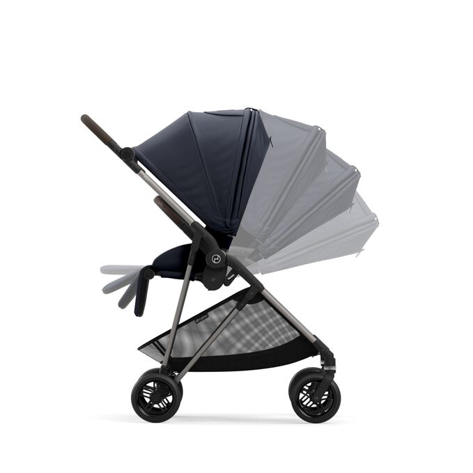 An image of the CYBEX Gold Melio 2023 Stroller, highlighting the One-hand Recline to a Full Lie-flat Position feature.