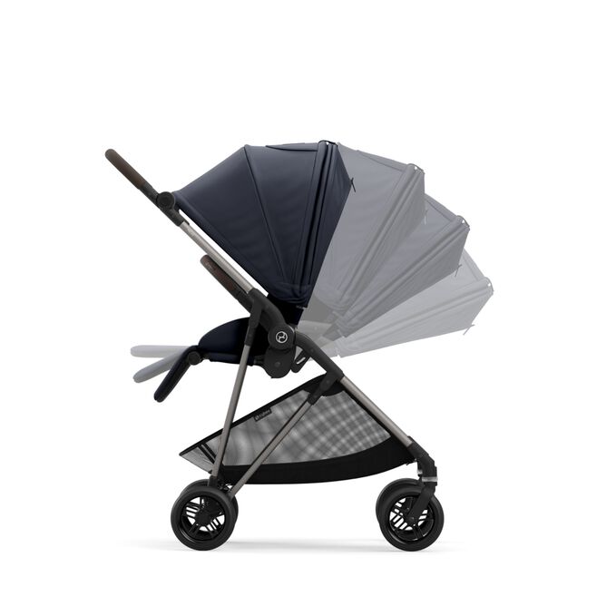An image of the CYBEX Gold Melio Stroller, highlighting the One-hand Recline to a Full Lie-flat Position feature.