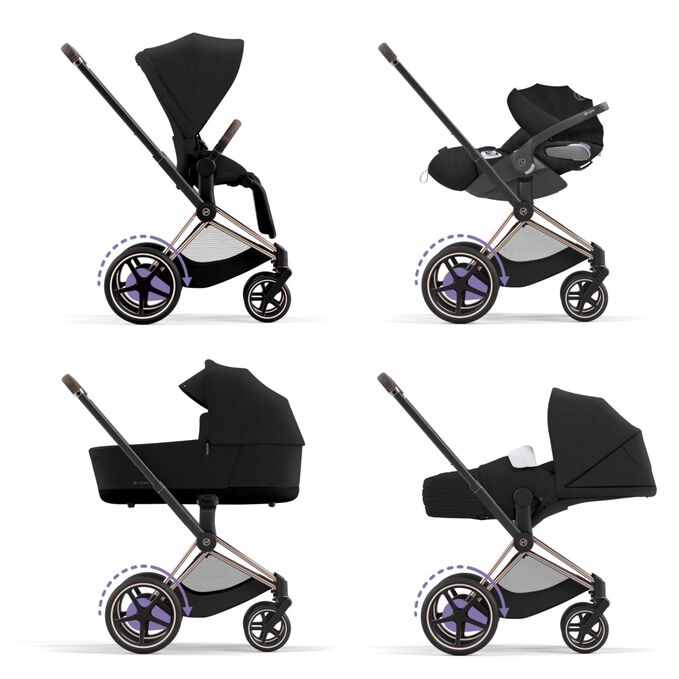An image of the CYBEX Platinum e-Priam Jeremy Scott - Wings Stroller, highlighting the 4-in-1 Travel System feature.