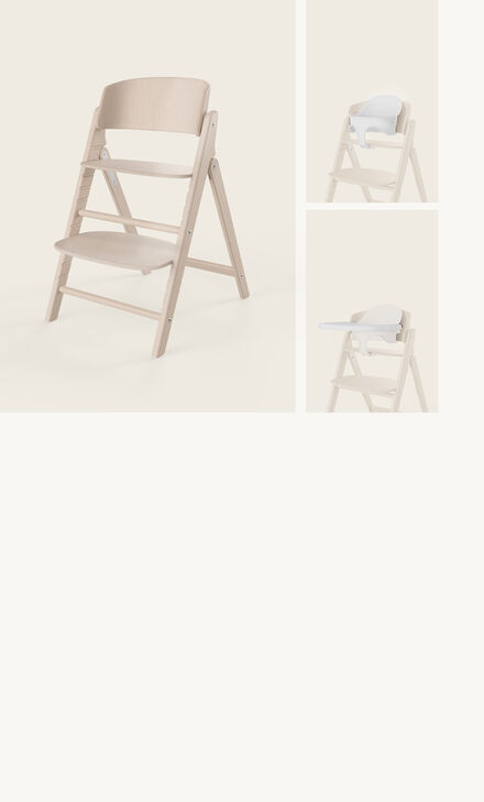 Produktbild eines Click & Fold 3-in-1 Set, links als normaler Stuhl, rechts mit Babyset und Tablett.