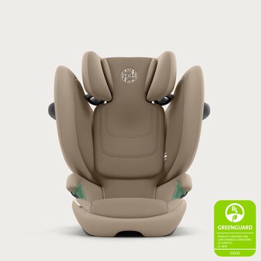 An image of the CYBEX Gold Solution G2 Child Car Seat, highlighting the GREENGUARD Gold Certified feature.