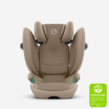 An image of the CYBEX Gold Solution G2 Child Car Seat, highlighting the GREENGUARD Gold Certified feature.