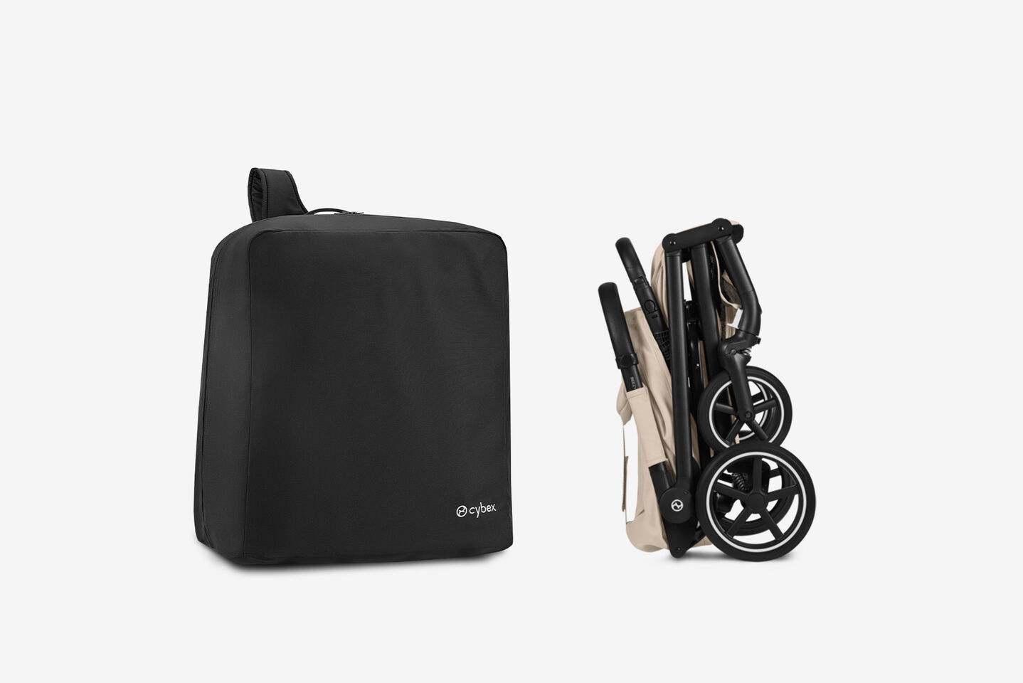 Product image of a folded Beezy buggy with a travel bag to its left.