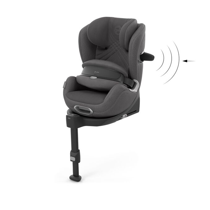 Afbeelding van de CYBEX Platinum Anoris T2 i-Size Toddler Car Seat, met de nadruk op de functie Vermindert zijdelingse schokkrachten met 20%.