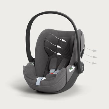 An image of the CYBEX Platinum Cloud T i-Size Infant Car Seat, highlighting the Optimal breathability feature.
