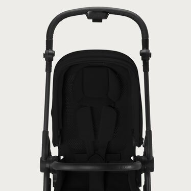 An image of the CYBEX Gold Melio Carbon Stroller, highlighting the Breathable Backrest feature.