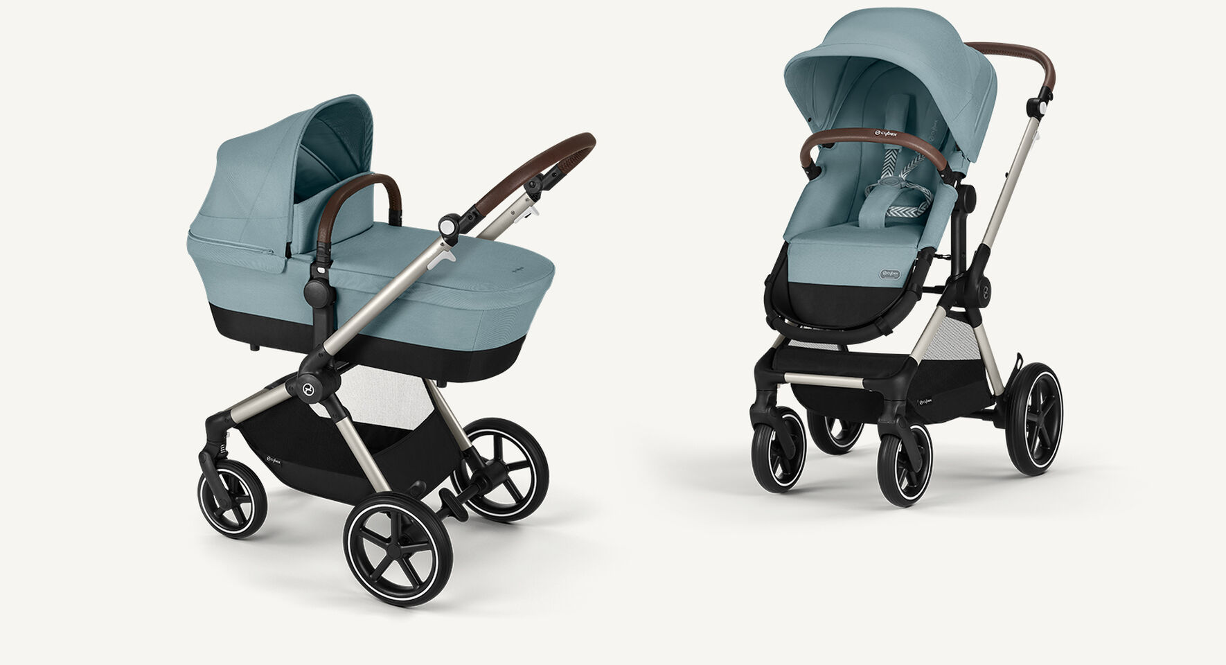 Product shots of a Eos Lux stroller in Stormy Blue, on the left cot mode, on the right seat mode..