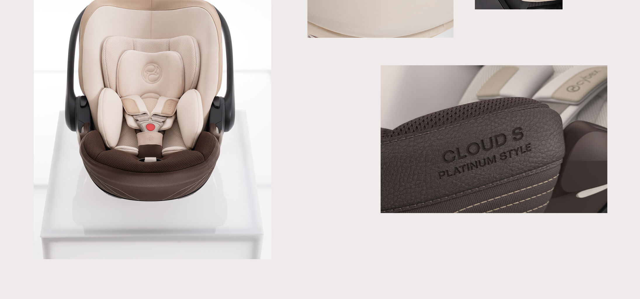 Frontal product shot of the Cloud S infant car seat and close up of the Cloud S imprint on the Cloud S infant car seat.