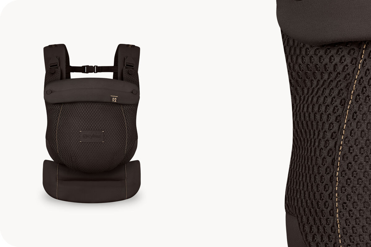 Two product images of an Amya baby carrier in Chocolate Brown.