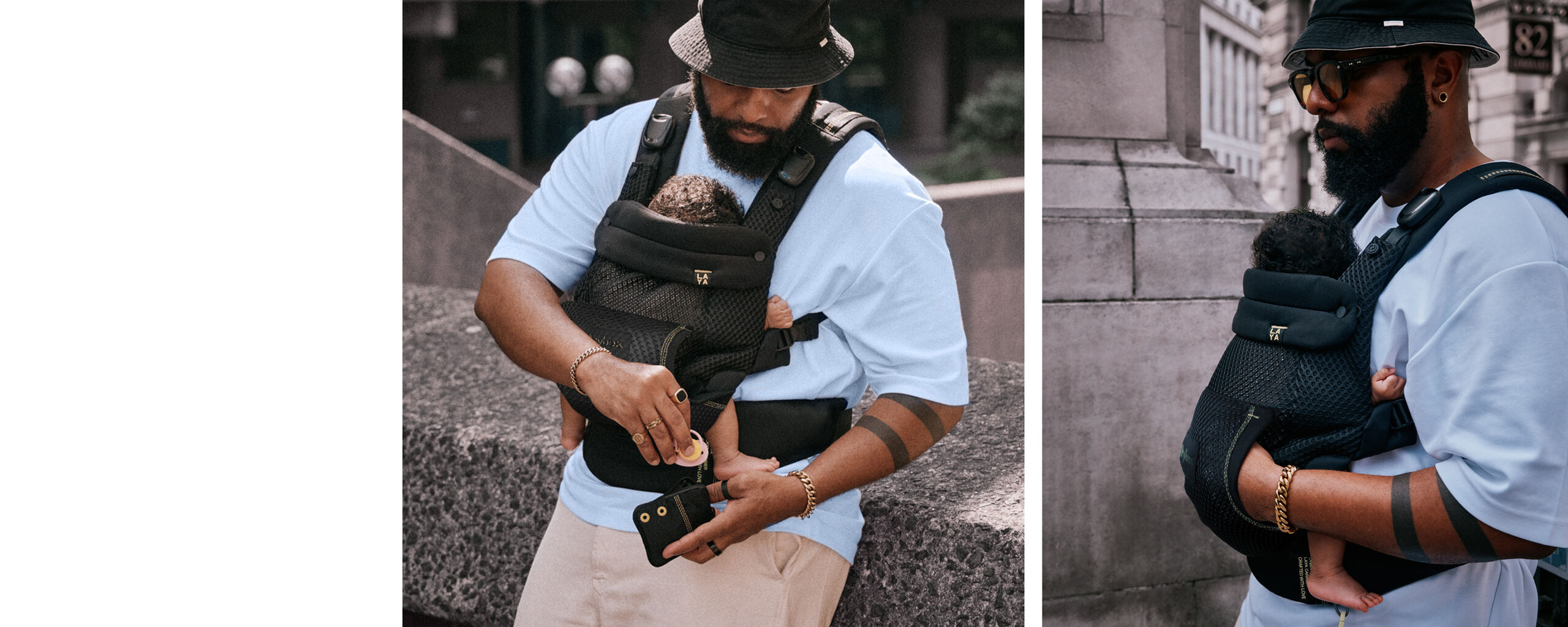 Two images of a man carrying his baby in a Laya baby carrier.