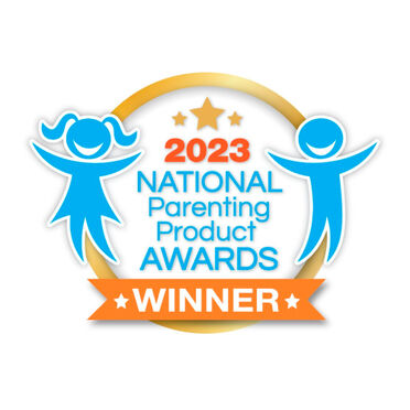 2023 Award: National Parenting Product Awards Winner logo, featuring two happy children (one blue, one pink) dancing around a yellow circular badge with stars and an orange banner reading "Winner".