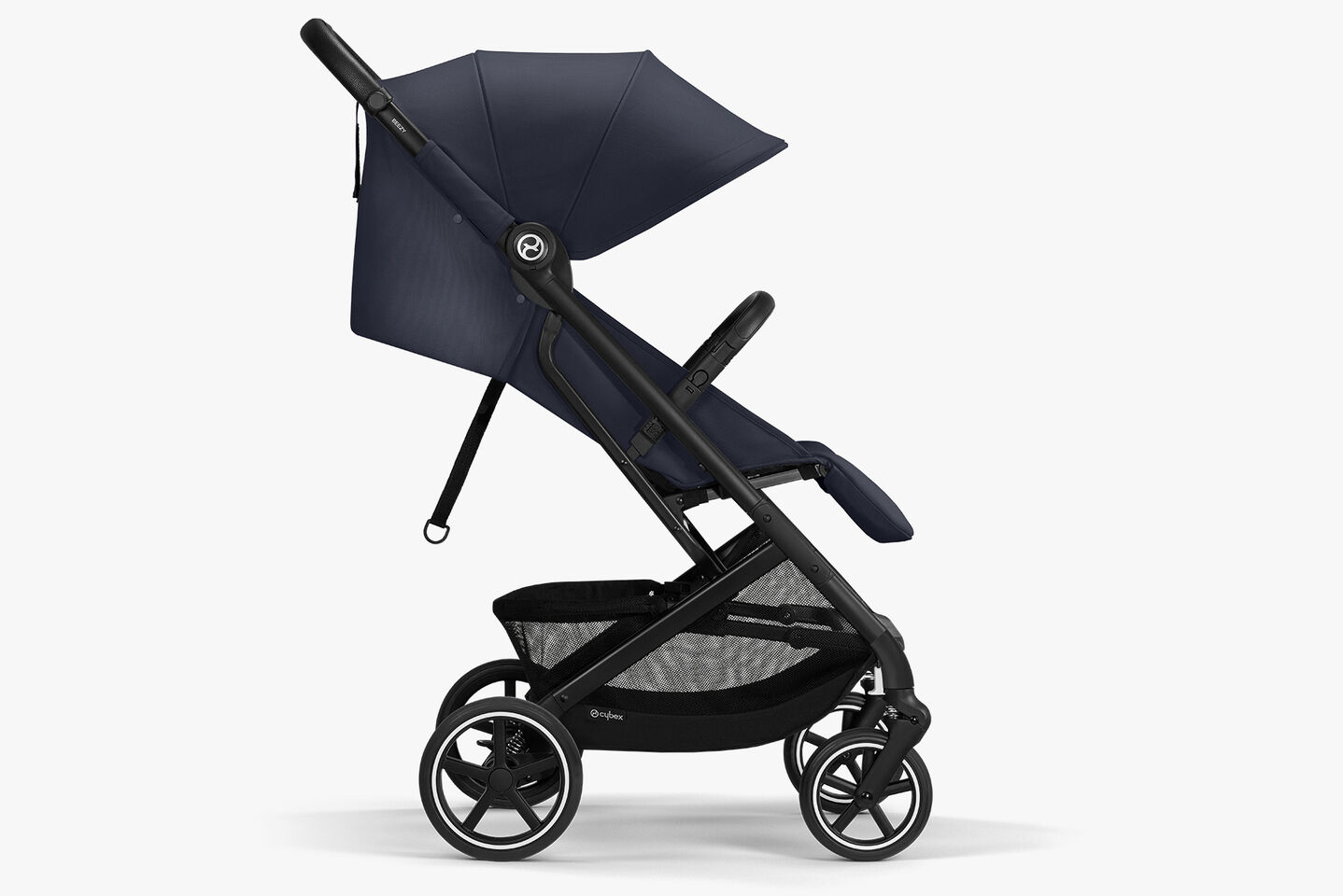 Side view of the Beezy lightweight compact stroller featuring a large canopy and comfortable seat.