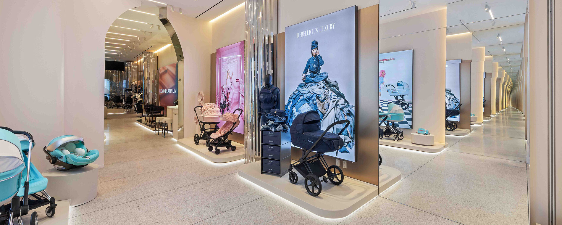 Different CYBEX collection like the Jeremy Scott car one on the left and Rebellious Luxury and Simply Flowers on the right. 