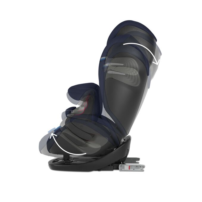 Afbeelding van de CYBEX Gold Pallas S-Fix Toddler Car Seat, met de nadruk op de functie Met één hand achterover laten leunen.