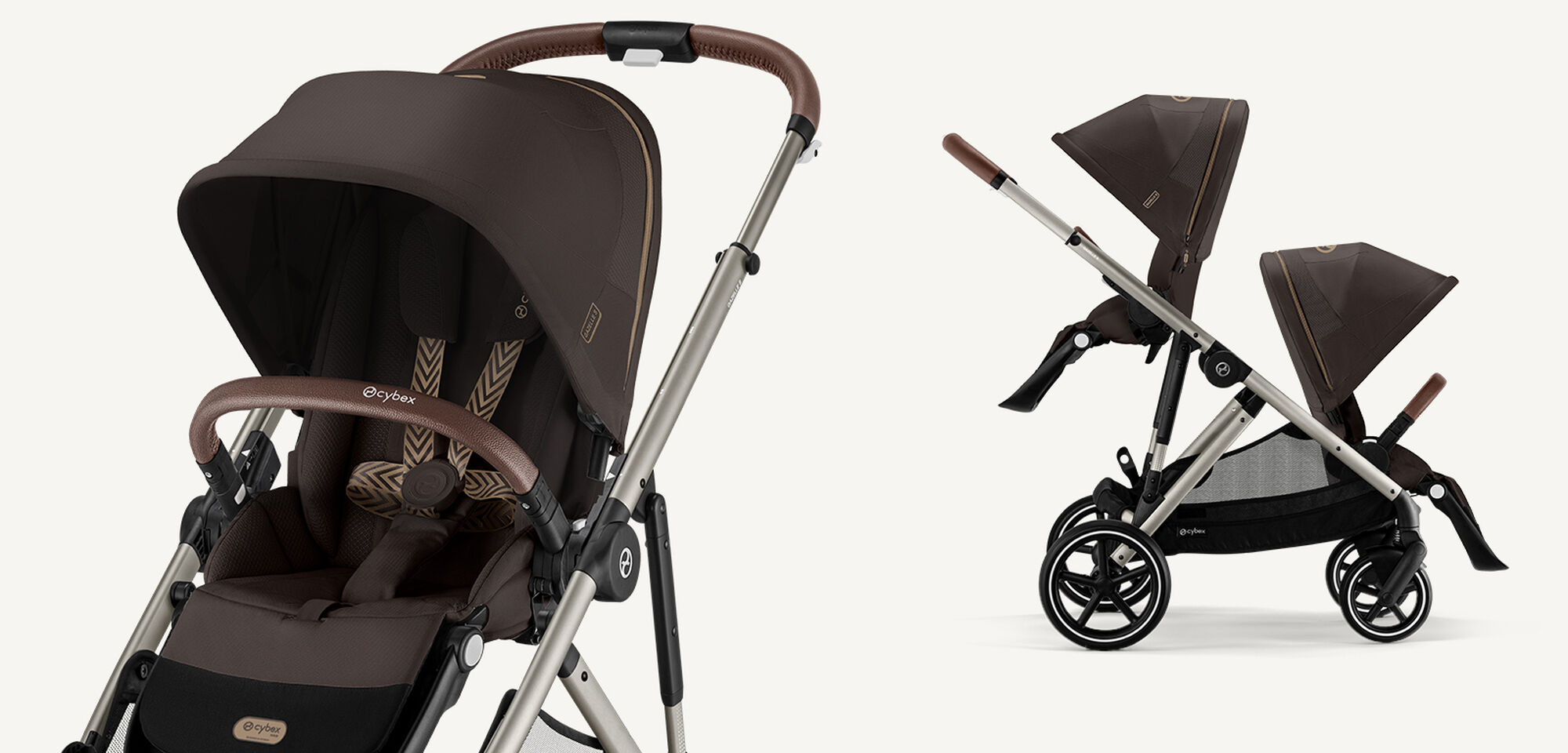Two product shots of a Gazelle S stroller in Chocolate Brown, one in single, one in sibling/twin mode.
