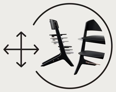 An image of the CYBEX Platinum Lemo Platinum 3-in-1 Highchair, highlighting the Tool Free, One-handed Adjustment feature.