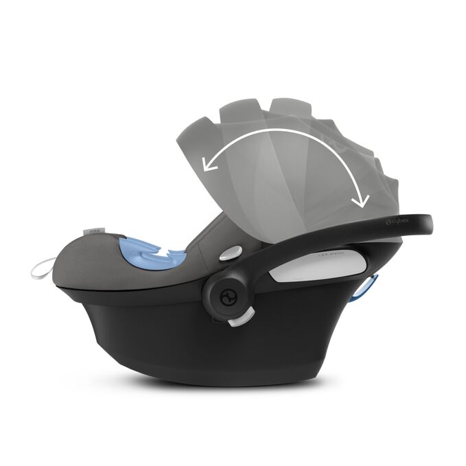 An image of the CYBEX Gold Aton M with SensorSafe Infant Car Seat, highlighting the Matching Integrated XXL Sun Canopy feature.