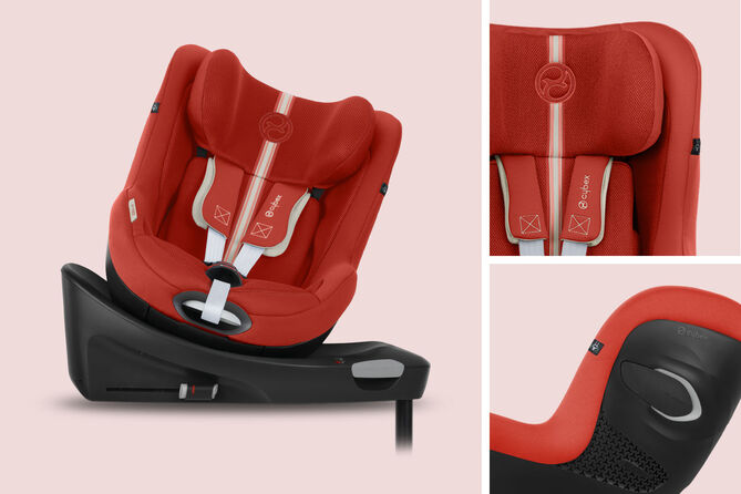 Sirona Gi 360-degree rotating car seat with Isofix in red, highlighting design and padding details.
