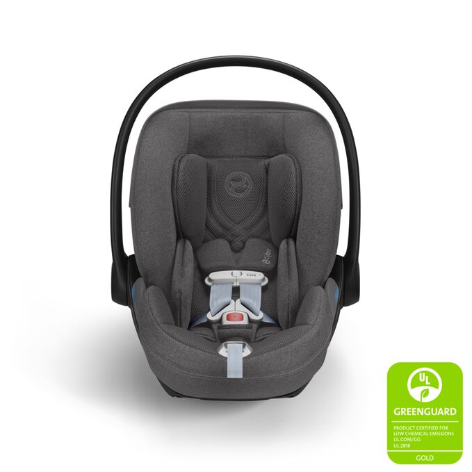 An image of the CYBEX Platinum Cloud T with Load Leg Base Infant Car Seat, highlighting the GREENGUARD Gold Certified feature.