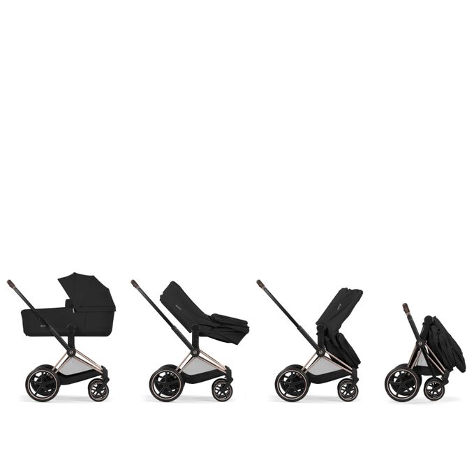 Afbeelding van de CYBEX Platinum e-Priam , met de nadruk op de functie Folds Compact with Cot on Frame.