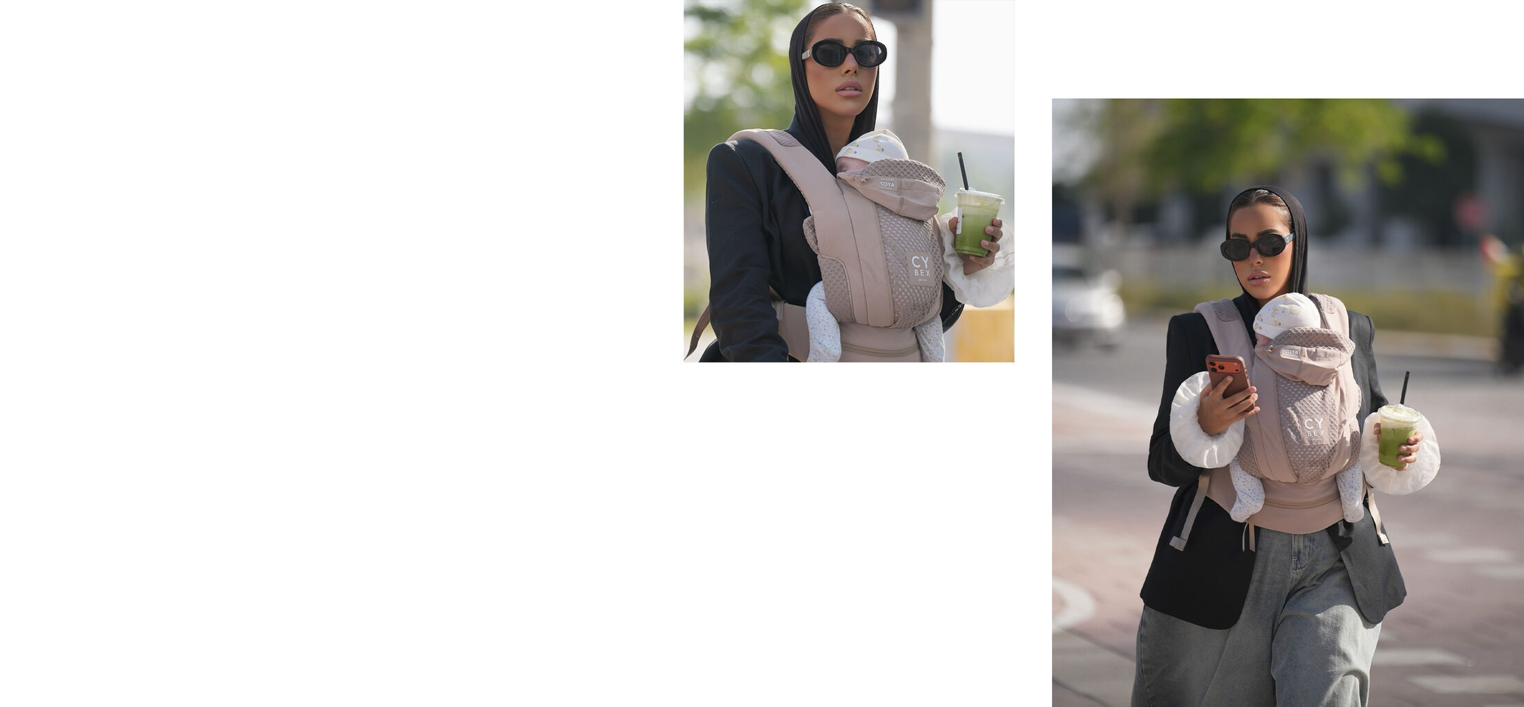 Two images of a mother and father carrying their child in a CYBEX baby carrier.