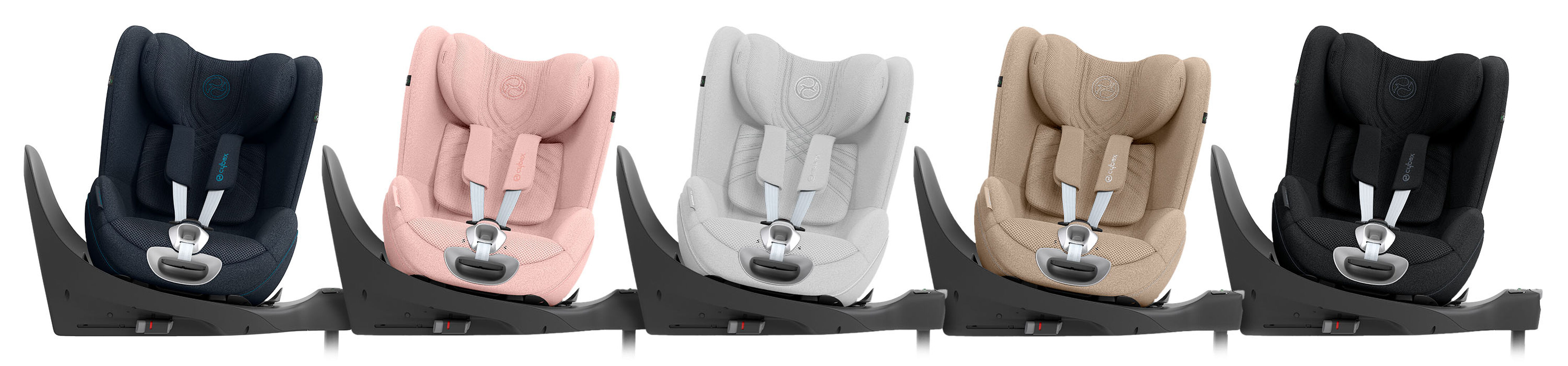 Five navy blue, pink, light grey, light brown, and black rear-facing car seats (Cybex Sirona T), each photographed from the side in a studio setting on a grey base against a white backdrop.