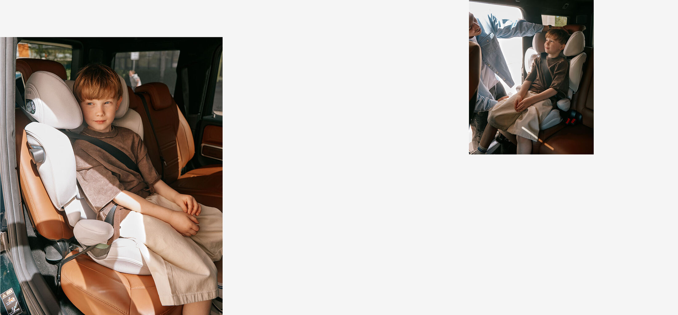 Two images. In one, a child is sitting in a CYBEX car seat in the back of a car, in the other, a mother is lifting her son out of the car, a CYBEX car seat can be seen in the background.