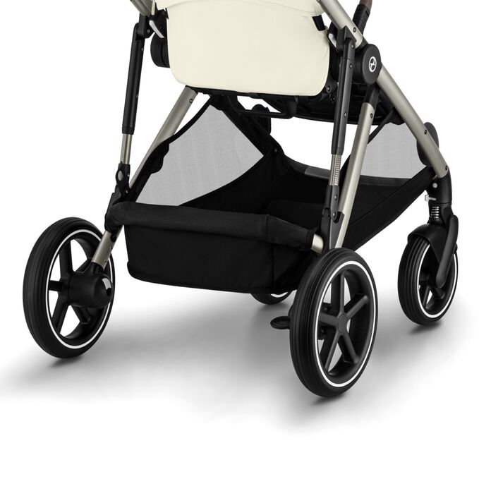 An image of the CYBEX Gold Gazelle S Sibling Stroller, highlighting the Spacious Stroller Basket feature.