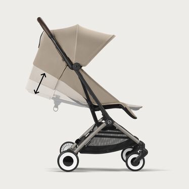 An image of the CYBEX Gold Orfeo Buggy, highlighting the Ergonomic Lie-flat & Integrated Leg Rest feature.