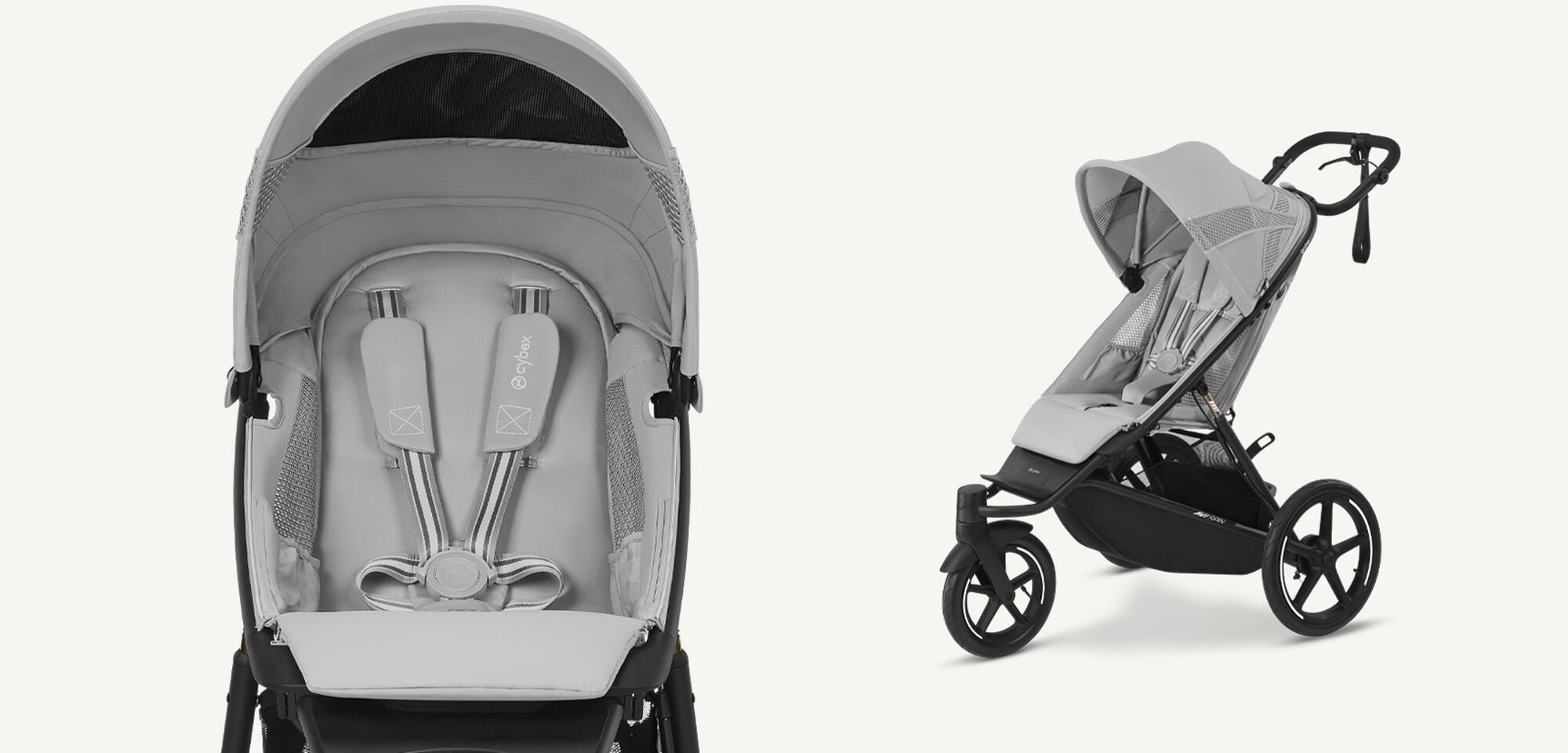 Two product shots of an Avi Spin in Stone Grey, on the left, a close-up, on the right, sideview.