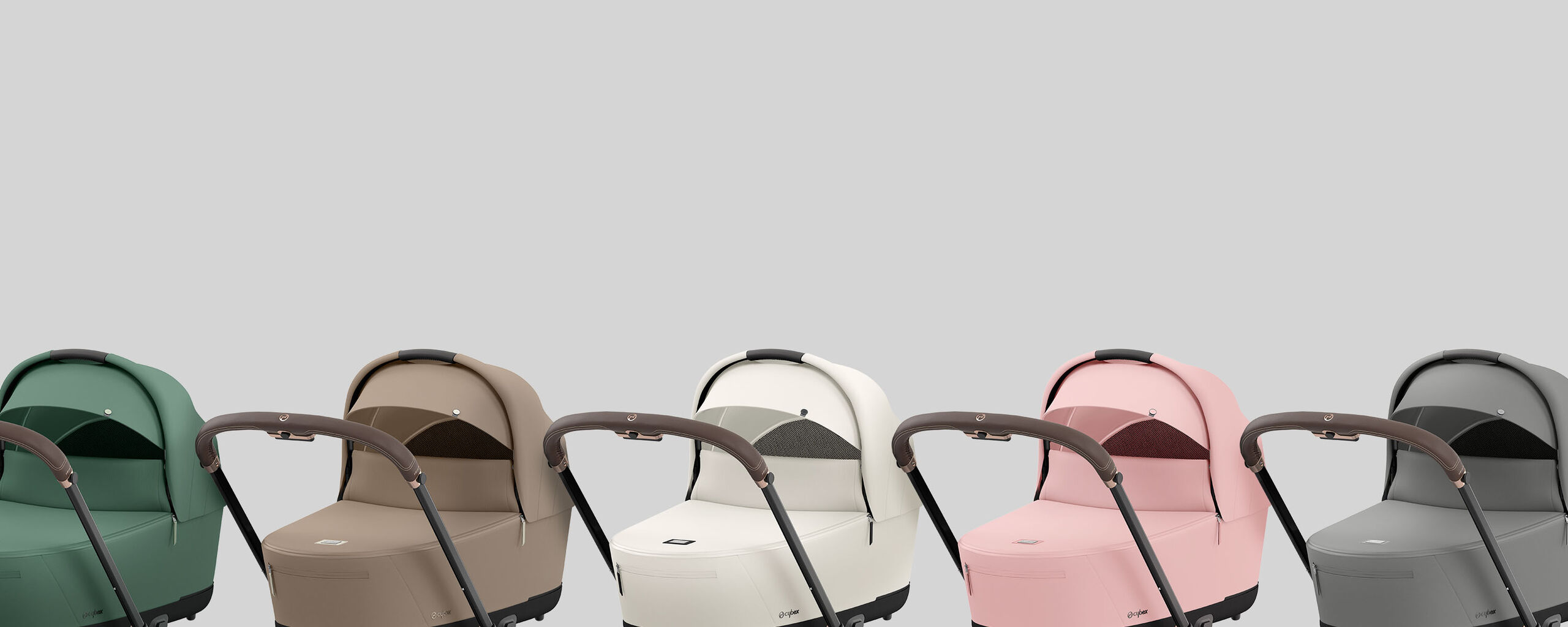 Priam luxury prams in various colours side by side