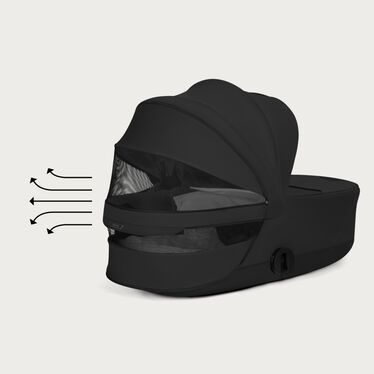 An image of the CYBEX Platinum Priam Fold Lux Carry Cot - Style Collection Stroller, highlighting the Panorama and Sky View Windows feature.