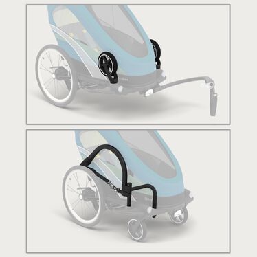 An image of the CYBEX Gold Zeno Bike Bike Trailer, highlighting the Onboard Sporting Kit Storage feature.