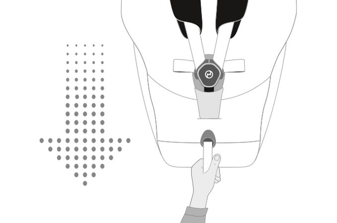 An image of the CYBEX Platinum e-Priam Frame Stroller, highlighting the One-pull harness feature.