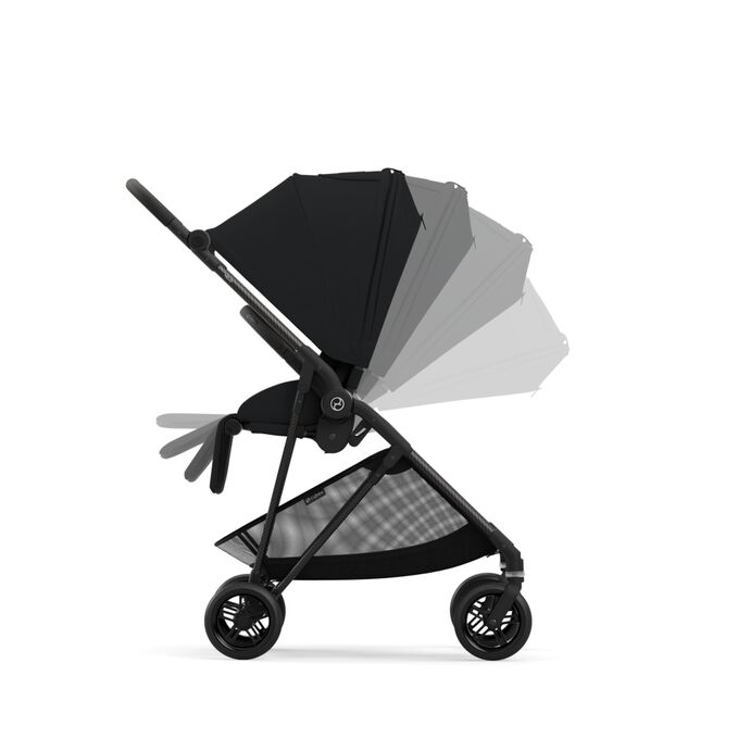 An image of the CYBEX Gold Melio Carbon Stroller, highlighting the One-hand Recline to a Full Lie-flat Position feature.