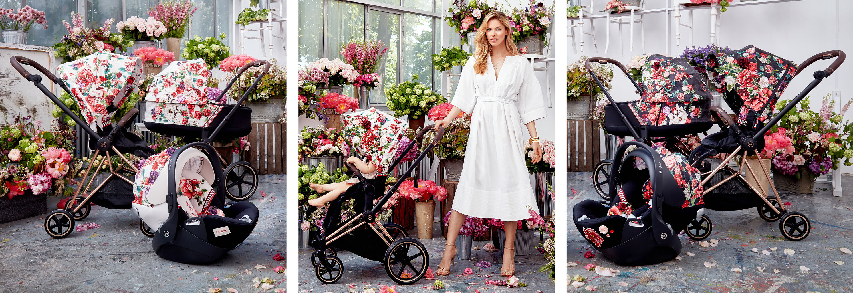 CYBEX Spring Blossom stroller and car seat in a flower-adorned room.