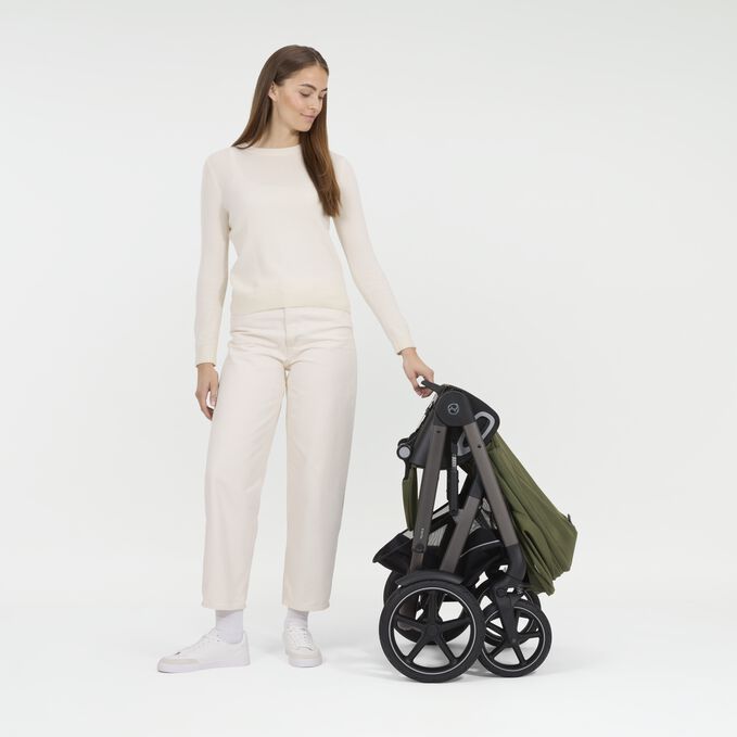 An image of the CYBEX Gold Talos S Lux 2025 Stroller, highlighting the One-hand Fold into Self-standing Position feature.