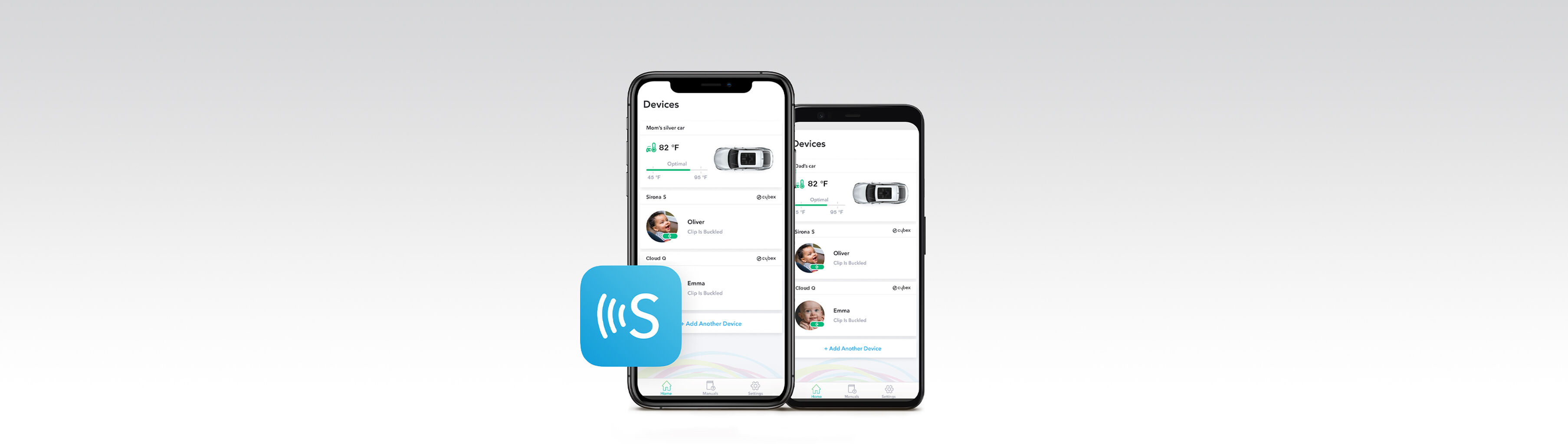 Two smartphones displaying an app with device information, including temperature and safety status.
