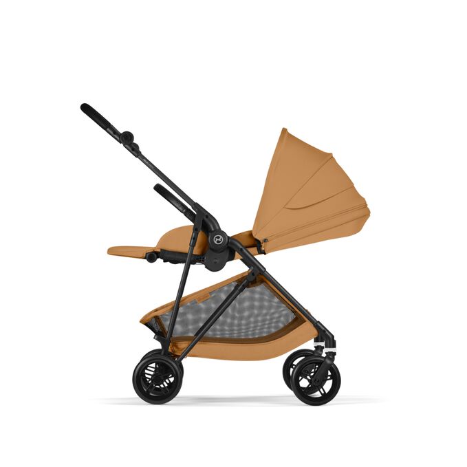 An image of the CYBEX Gold Melio Carbon Stroller, highlighting the One-hand Recline to a Full Lie-flat Position feature.