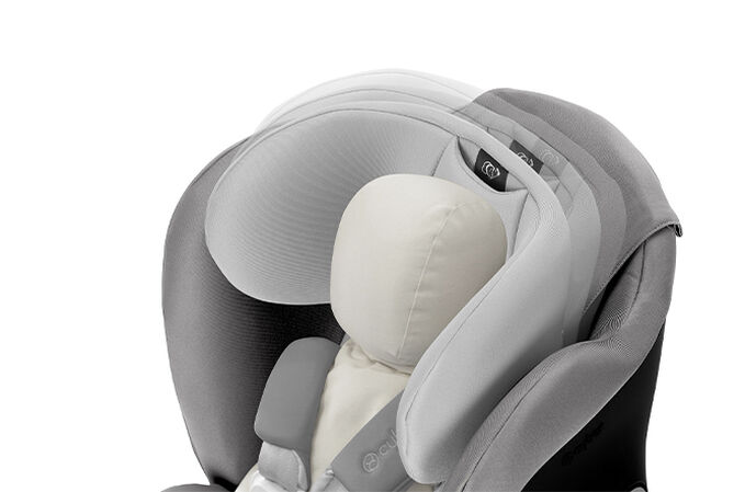 An image of the CYBEX Gold Eternis S Toddler Car Seat, highlighting the Internationally Patented 3-Position Reclining Headrest feature.