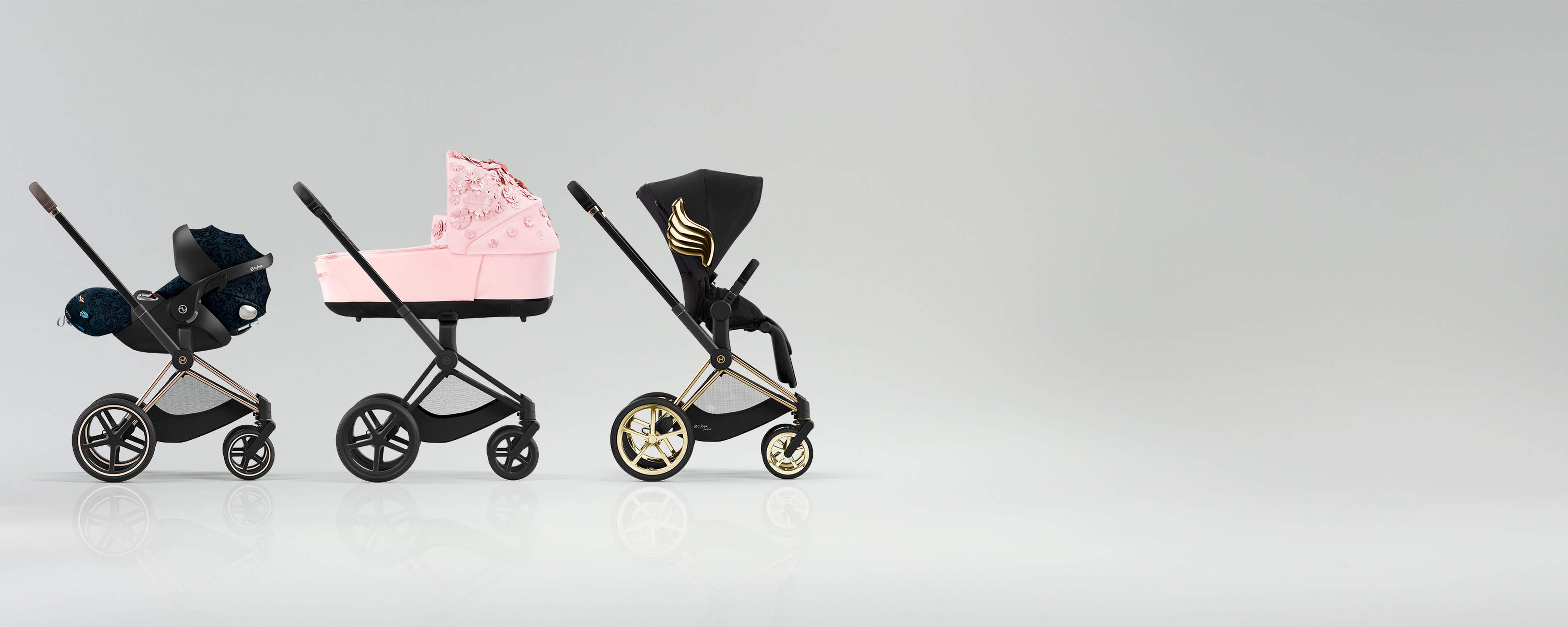 CYBEX Platinum Stroller Priam Lux Carry Cot shown on Priam Frame Banner
