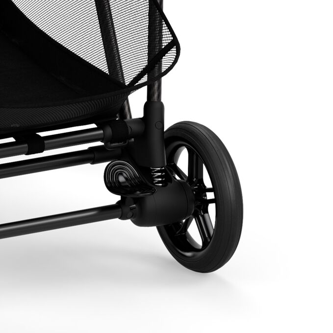 Ein Bild des CYBEX Gold Melio 1 Carbon Stroller, das das Merkmal Weiche Hinterradfederung hervorhebt.