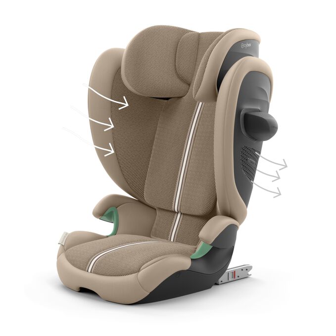 An image of the CYBEX Gold Solution G2 Child Car Seat, highlighting the Optimal Breathability feature.