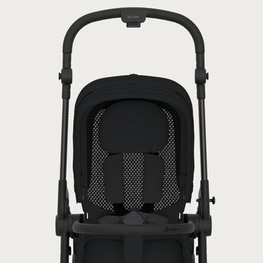 An image of the CYBEX Gold Melio Carbon Stroller, highlighting the Breathable Backrest feature.